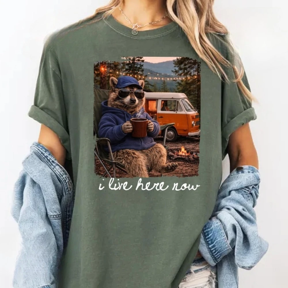 I Live Here Now Raccoon Camping Shirt Cozy Nature Graphic Tee Funny Camper Van Life Tops Camping Unisex Shirt