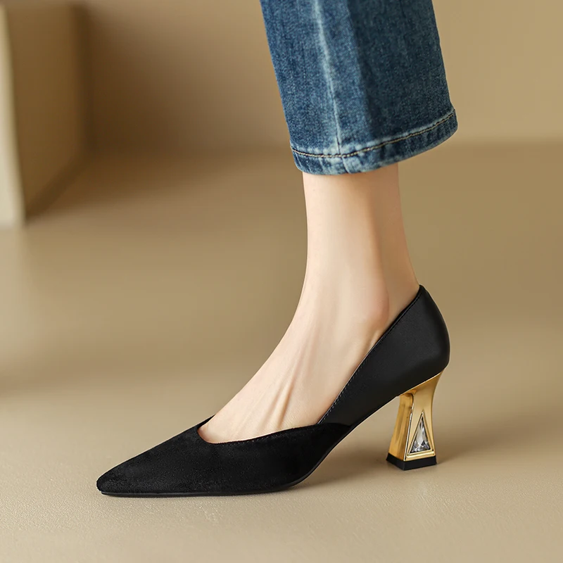 Taoffen Big Size 34-46 Pointed Toe Pumps For Women Metal High Heel Shiny Crytal Leather Footwear Office Lady Shoes Wedding Bride