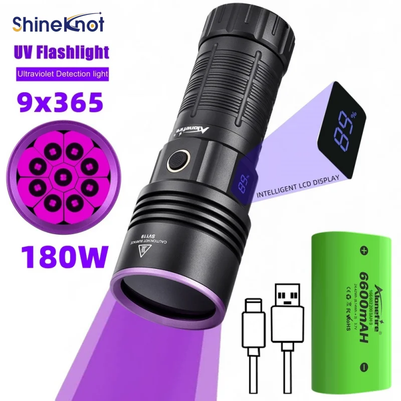 SHINEKNOT 180W High-Power 365NM UV Torch Type-C Charging Banknote Verification Jewellery Antiques Authentication Aluminium Alloy