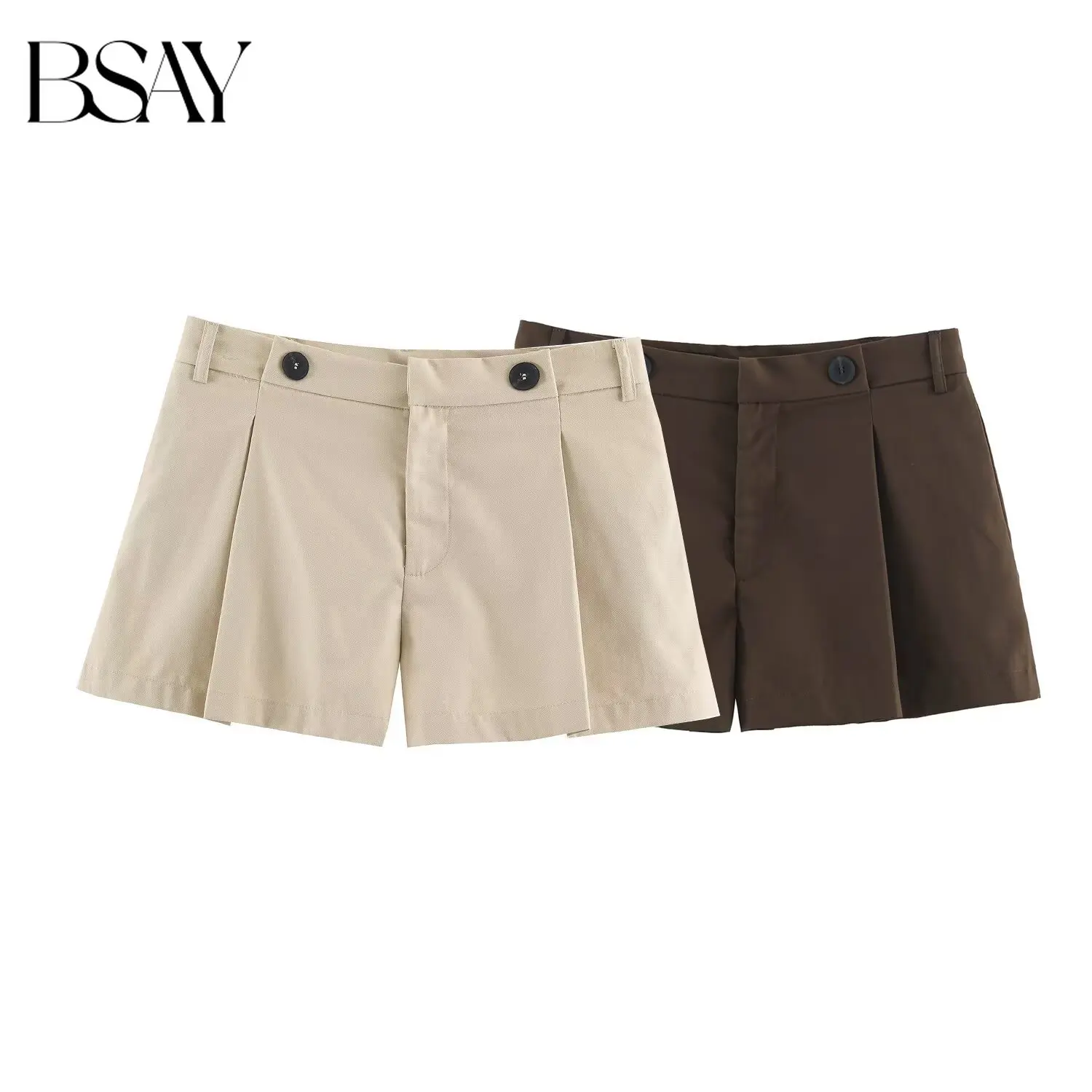BSAY Women Solid High Waist Pleated A Line Shorts Front Double Button Decoration Loose Casual Daily Streetwear Short Trousers