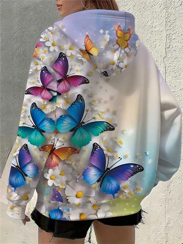 Women's Spring and Autumn Butterfly Print Hooded Zipper Jacket