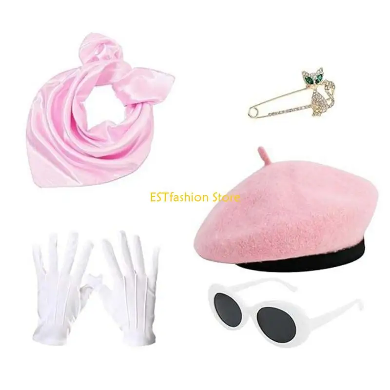 Y5gc conjunto fantasia francesa anos 80, boina feminina francesa, acessórios fantasia, óculos ovais, cachecol e