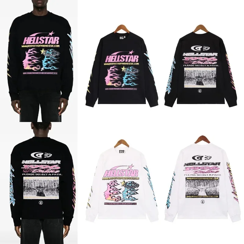 Camiseta de manga comprida Hellstar Streetwear, outono/inverno, folgada, casual, 100% algodão, gola redonda, blusa de moletom, top da moda