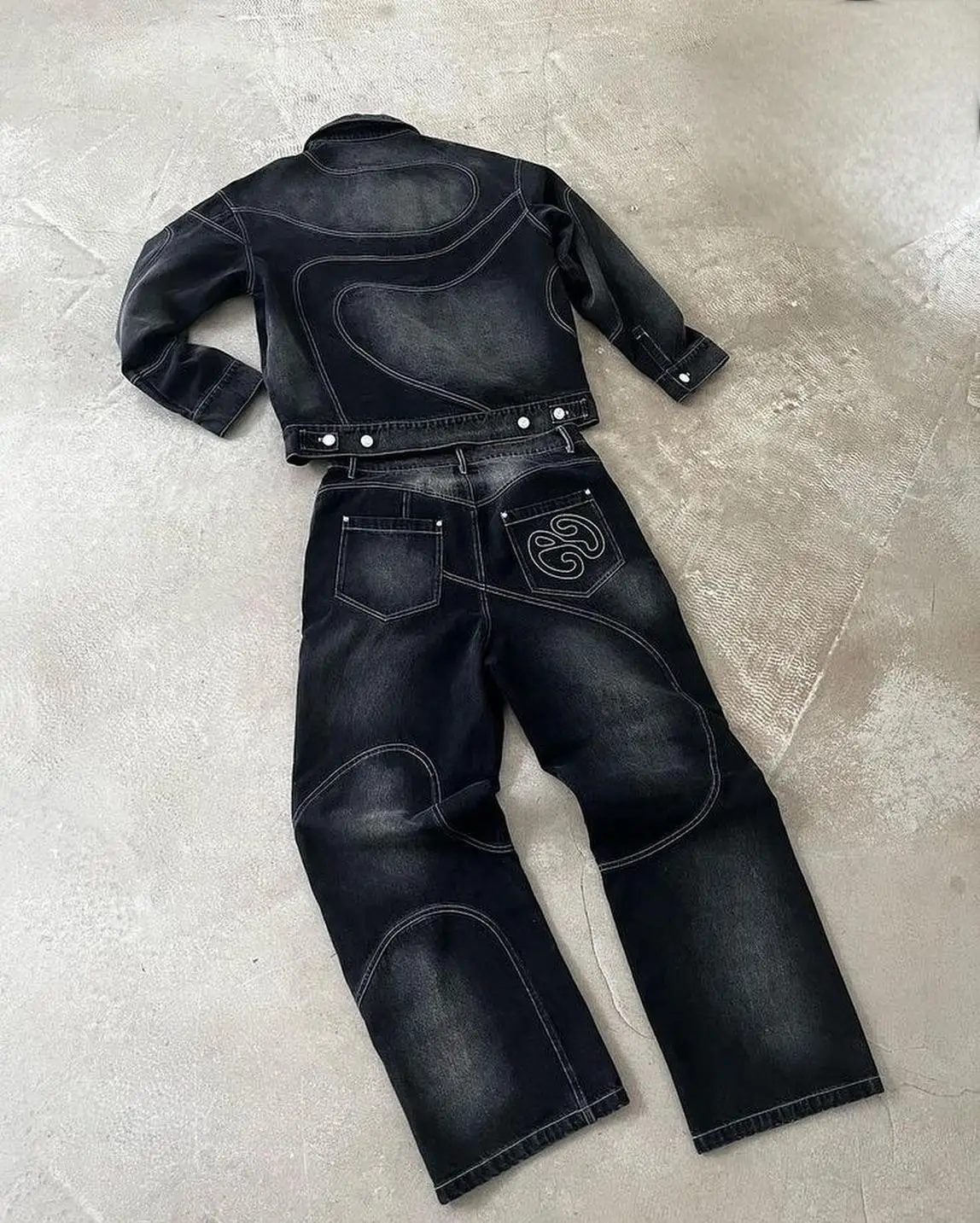الرجعية غسلها الأسود 3D نمط التصحيح دراجة نارية الدنيم سترة والجينز 2 قطعة مجموعة الأمريكية مستقيم الساق الدنيم السراويل مجموعة