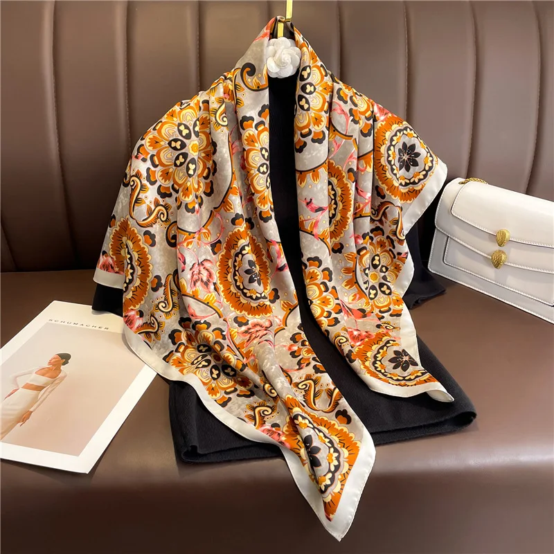 Luxury Design European Vintage Print Scarf 90X90cm Square Silk Scarf Hijab Shawls Foulard Ribbon Neckerchief Hairband Bandanna