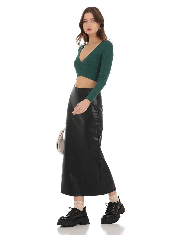 Women High Waist Faux Leather Straight Mid Skirts Lady Stretch Black Matte PU Back Hem Split Skirt Party Clubwear Casual Custom