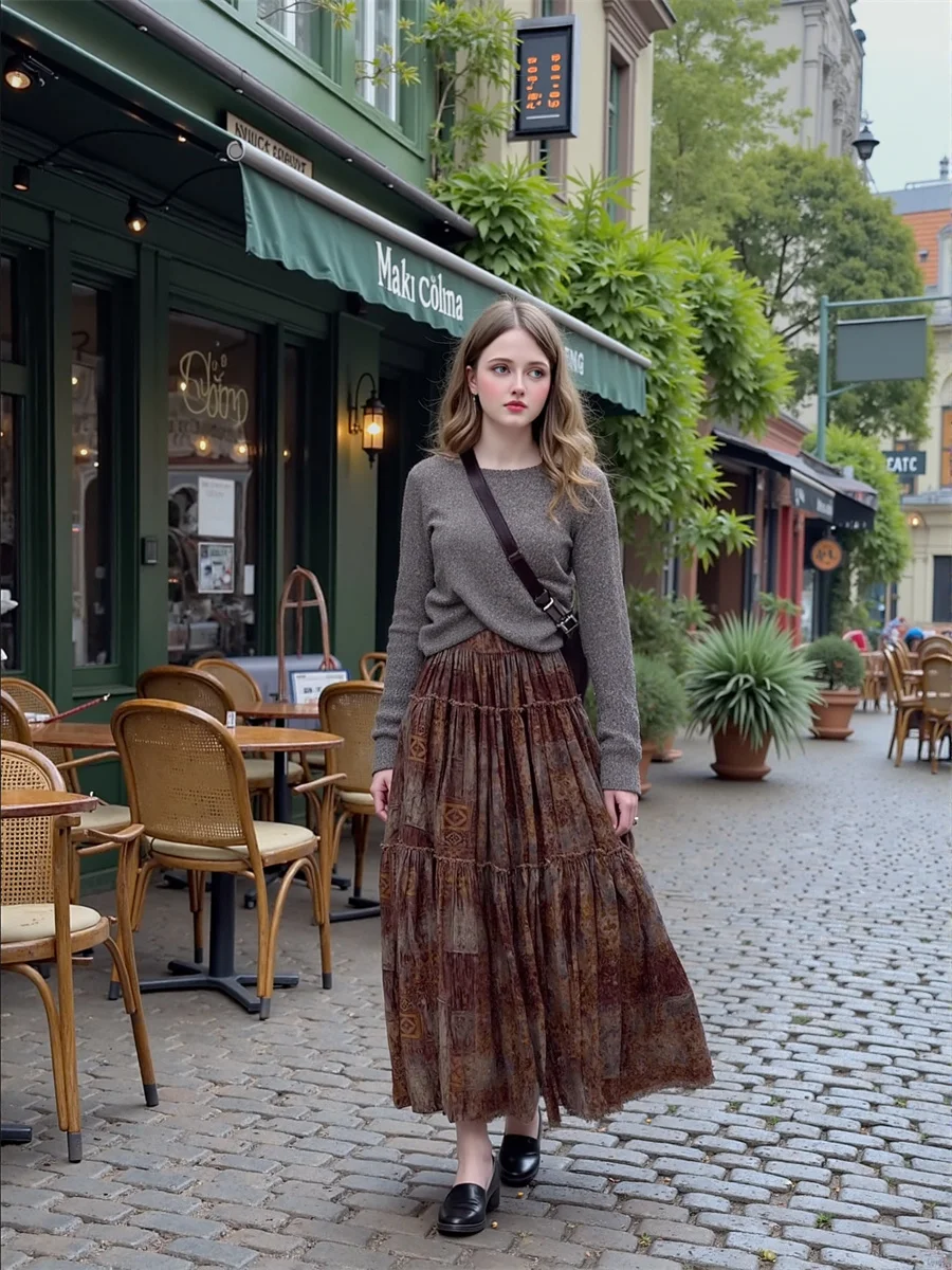 กระโปรงยาวพิมพ์ลายวินเทจสำหรับผู้หญิง ผ้าทูลล์ตาข่ายประดับลูกไม้ ผูกเชือกเอว ทรงเอไลน์ไม่สมมาตร สไตล์ชิค เหมาะสำหรับใส่ไปเที่ยวคลับหรือใส่ลำลอง น้ำหนักเบา