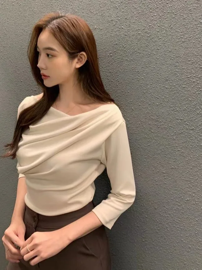 

Облегающая футболка с воротником Ele Folded, женская модная корейская футболка Sle Chic irt для осени, Новое поступление, топ для похудения