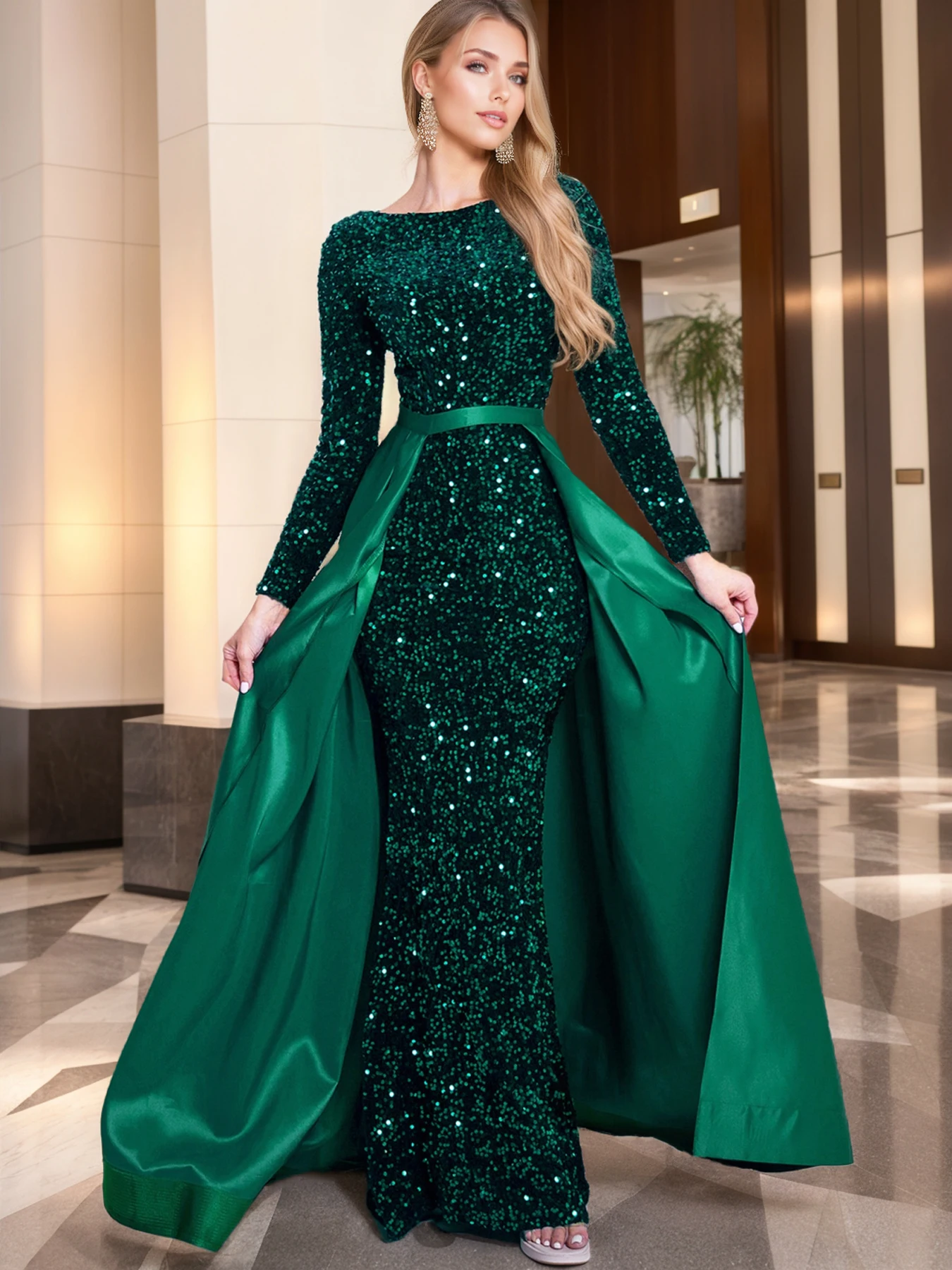 Romagic Modest Stretch Sequin Full Sleeve Evening Party Gown Mermaid Formal Prom Dress Detachable Train Elegant Dresses 2024