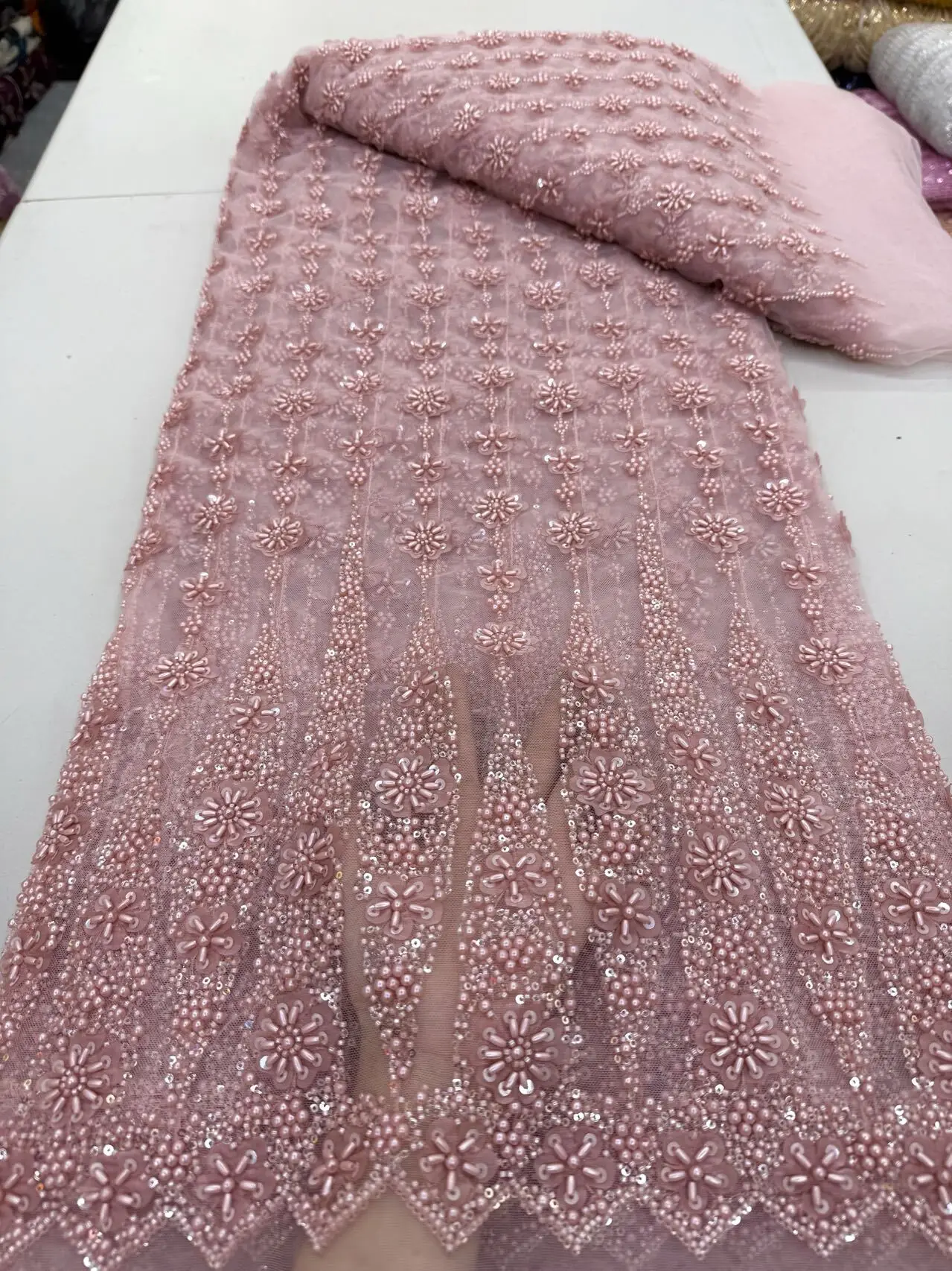 

Orange African Beaded Lace Fabric 2025 High Quality French Luxury Beads Nigerian Sequins Tulle Lace Fabric for Wedding Dresses