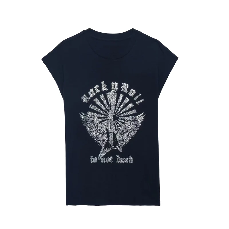 Luźna koszulka bawełniana damska na lato i wiosnę, okrągły dekolt, zdobiona diamentami, podstawowy krój, młodzieżowy top.