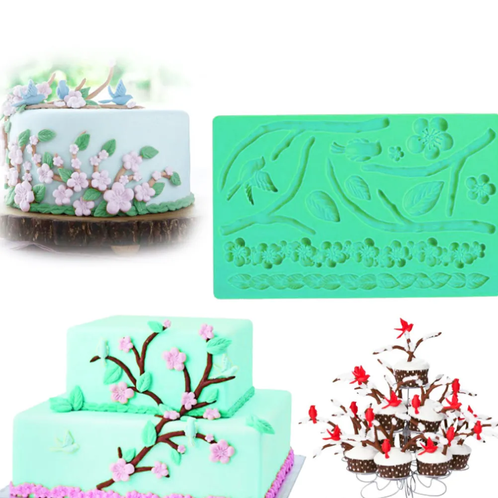 Baking Tools Leaf DIY Handmade Silicone Mold Cake Fondant Mold Embossed Lace Sugar Mat (Plum Blossom Bird, Random Color)