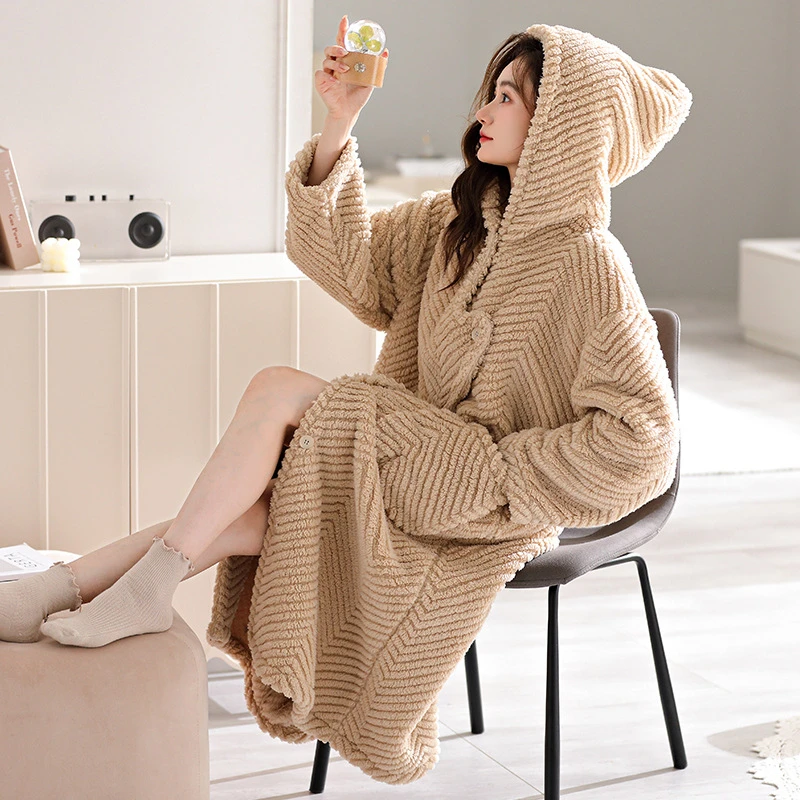 

Новая толстая фланелевая ночная рубашка с капюшоном, осенне-зимняя теплая ночная рубашка, домашний халат, одежда для сна, нижнее белье из кораллового флиса, ночное белье