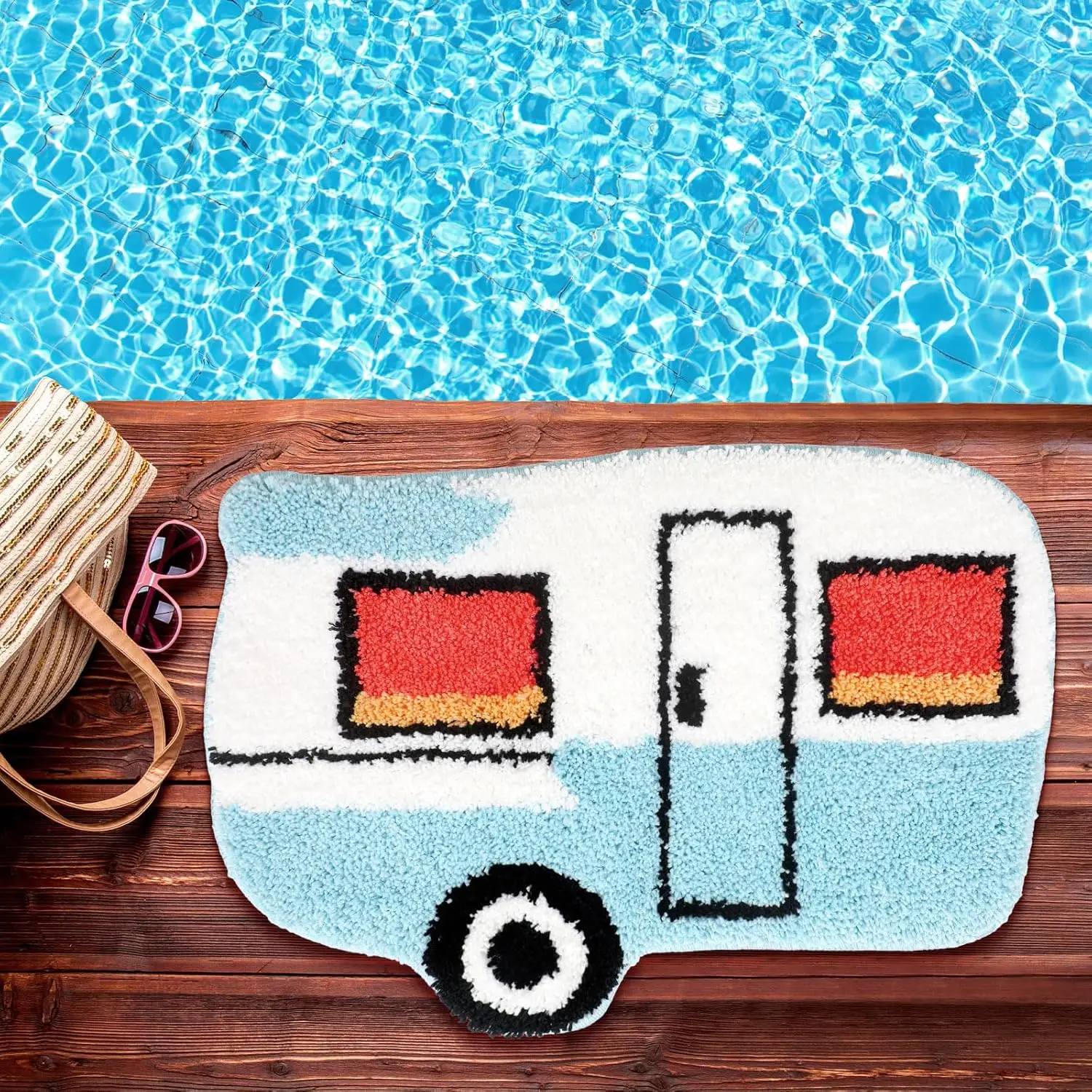 

VIKAMA Camper Van Bathroom Absorbent Carpet, Cute Blue Camping Door Mat, Anti-Slip And Washable, Home Decoration