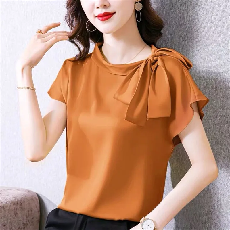 

Office lady Ice silk Shirts Women Vintage Chiffon Blouse Summer New Acetate satin Shirt Elegant artificial silk Bow tops