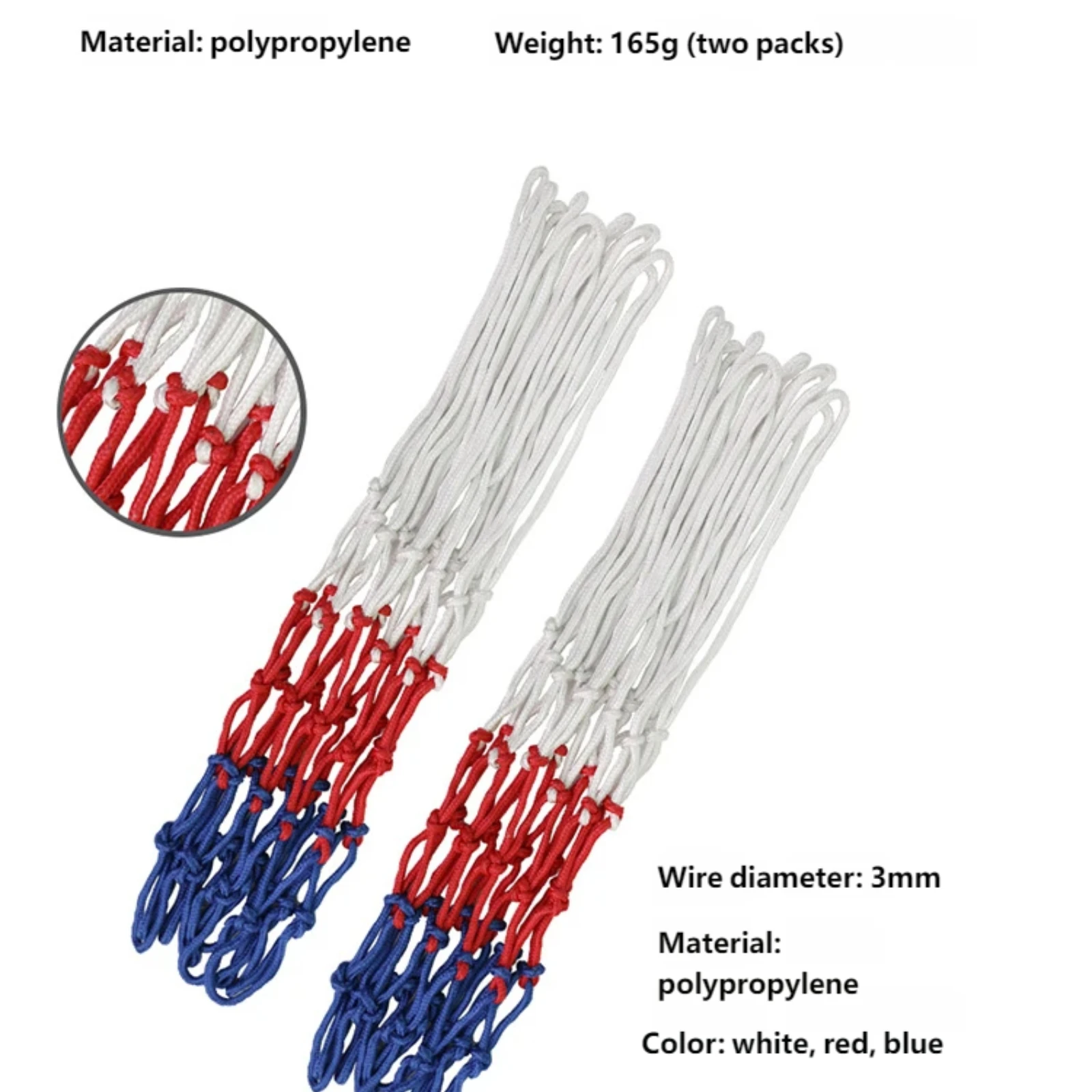 1-3X شبكة كرة سلة قياسية متينة من ألياف البولي بروبيلين للرياضات الخارجية وكرة السلة ثلاثية الألوان لاستبدال شبكة كرة السلة #2