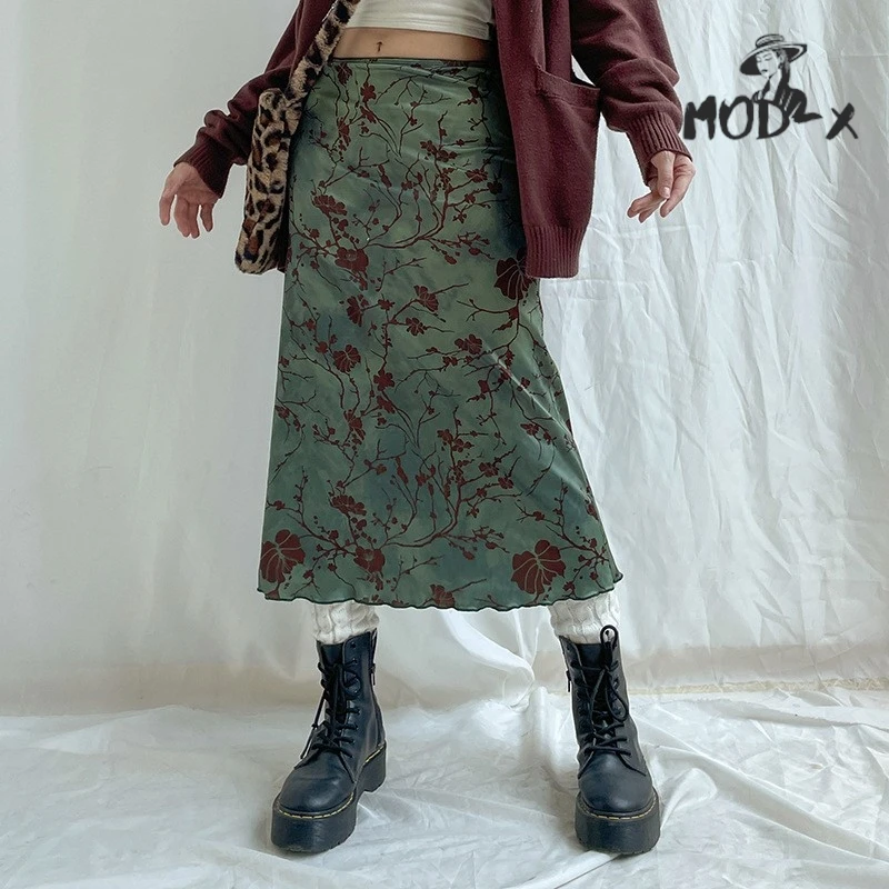 

MODX New Chinese Print Retro Style Skirt New Mori Fresh Low Waist Color Contrast A Word MIDI Skirt Hot New