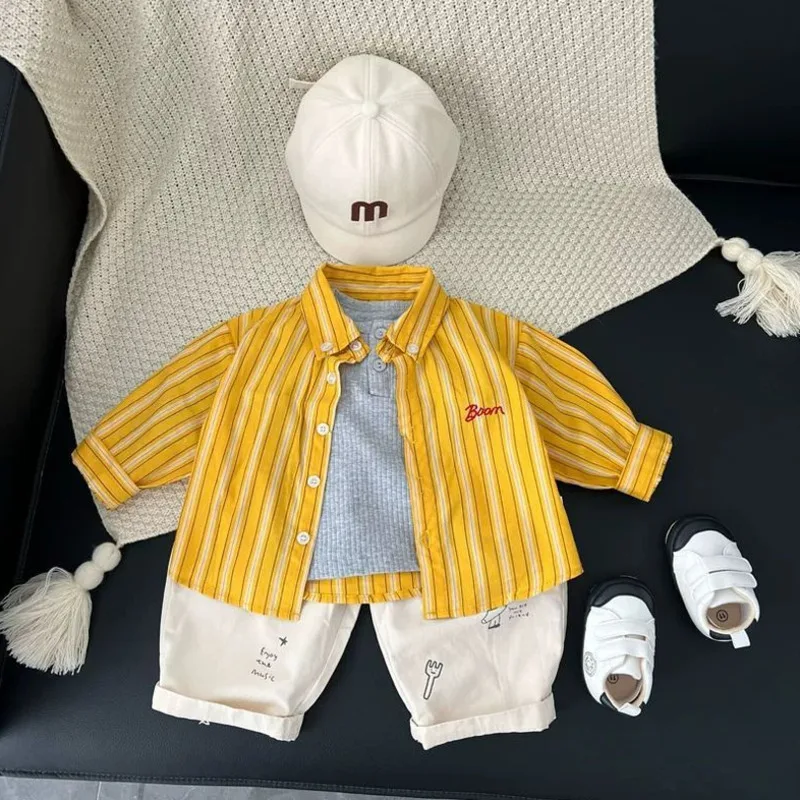 Boy Girl Toddler Cotton Yellowlong-sleeve Shirt 26 Spring Autumn Children Clothes Baby Coat Top 2-12 Years Soft Kid Outfit
