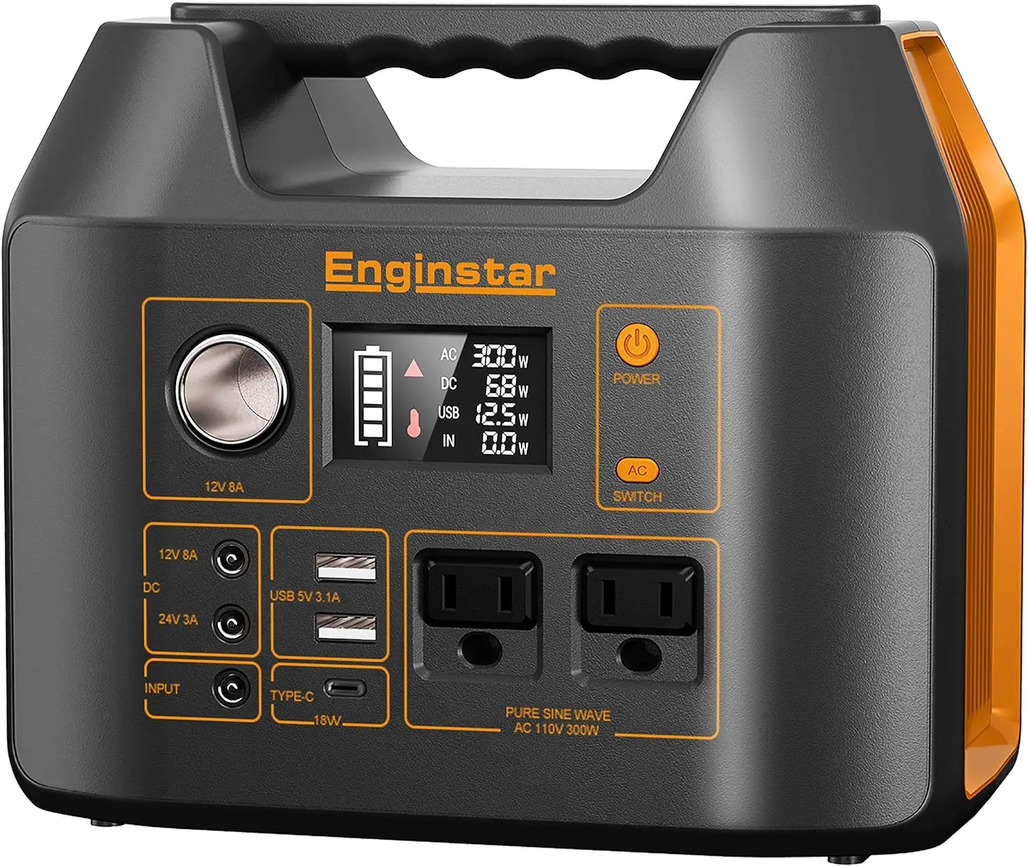 Power Station EnginStar 300W Solar Generator 110V 296Wh Power Bank Two Pure Sine Wave AC