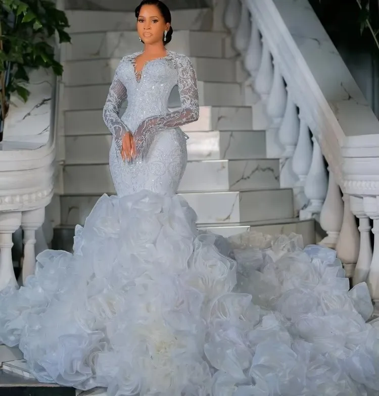 Luxury Mermaid Wedding Dress Sheer V-neck Long Sleeves Lace Sequins 3D Rose Ruffle Retro Bride Gowns African Vestidos De Noiva