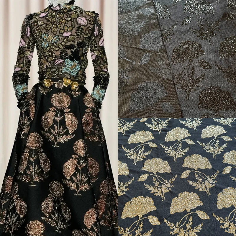 L100cm X W140cm Black Gold Embossed Jacquard Fabric  Designer Gold Silk Floral Suit Blazer Dress Material Fashion Sewing Craft