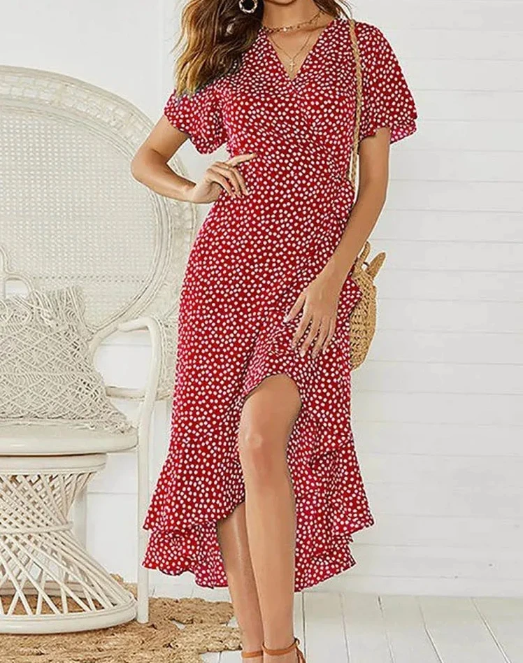 Vestido de mujer con estampado Floral, vestido largo bohemio de gasa con volantes, vestido informal con cuello en V dividido, vestido de fiesta Sexy para mujer