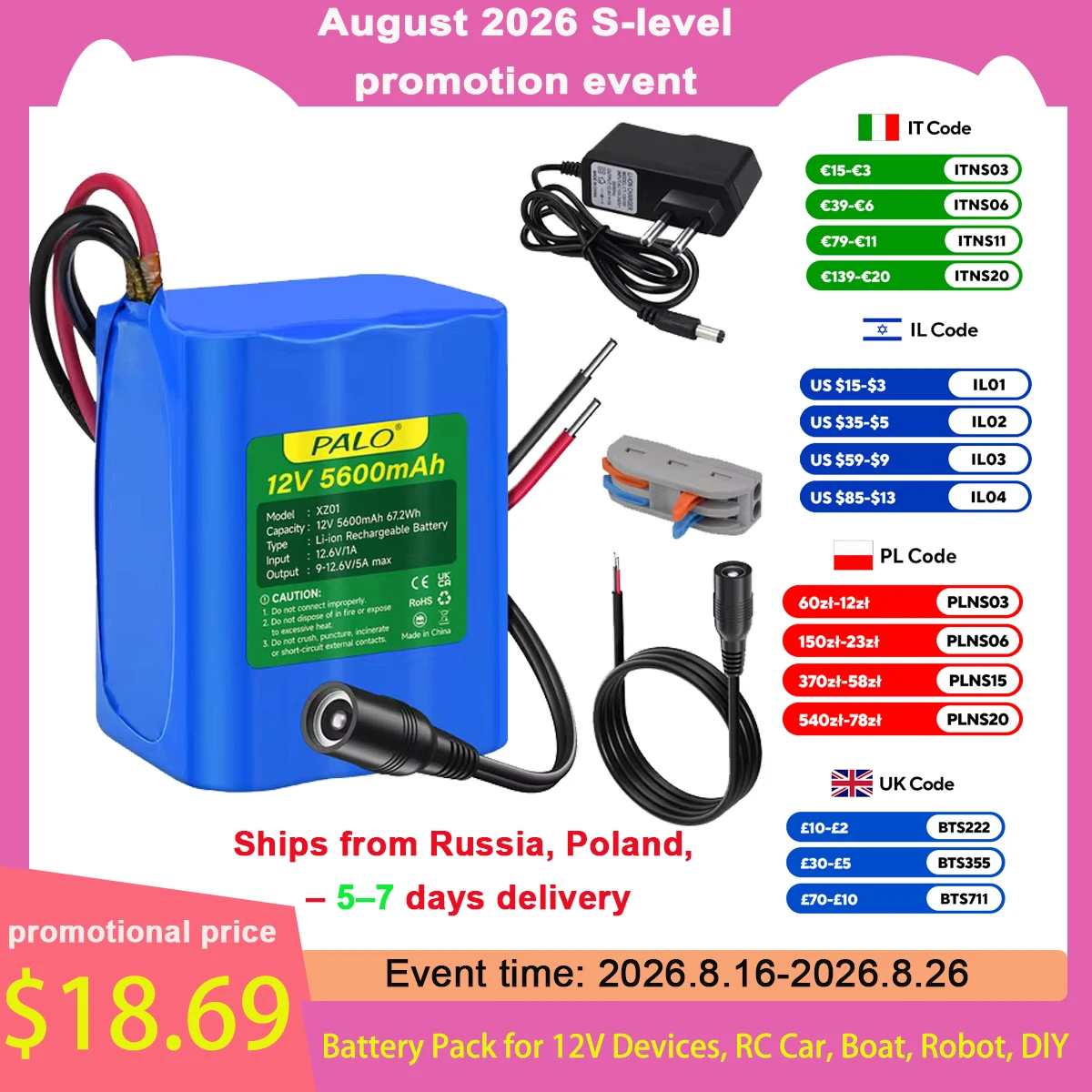 PALO 12V 5,6Ah wiederaufladbarer Lithium-Ionen-Akku 5600mAh tragbarer Akku für 12V-Geräte, RC-Auto, Boot, Roboter, DIY + Ladegerät