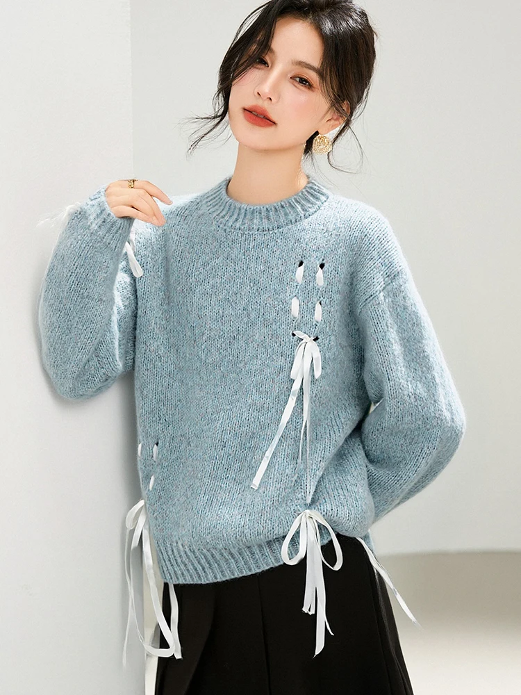   เสื้อถักทรงหลวมแบบผูกปม แขนยาว ทรงกลม สำหรับผู้หญิง สไตล์ลำลอง สวมใส่สบาย ผ้าเนื้อนุ่ม ช่วยลดเลือนริ้วรอย