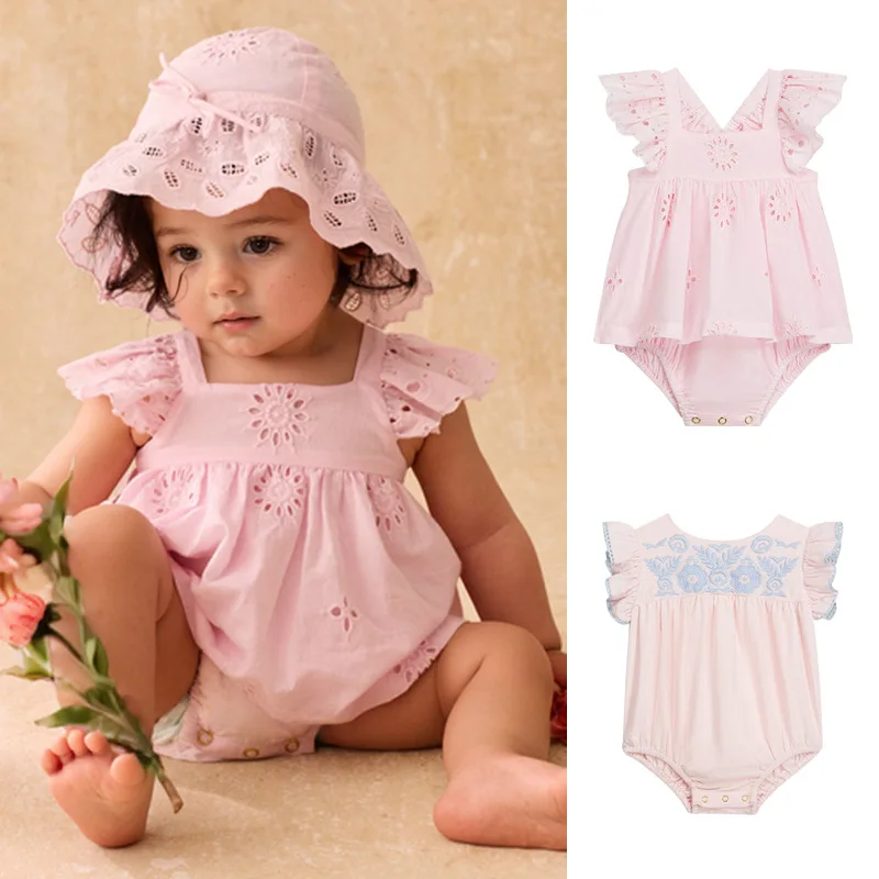 2026 New Summer Sweet Princess Style Butterfly Sleeve Baby Pure Cotton Romper Comfortable Breathable Infants Crawling Clothes