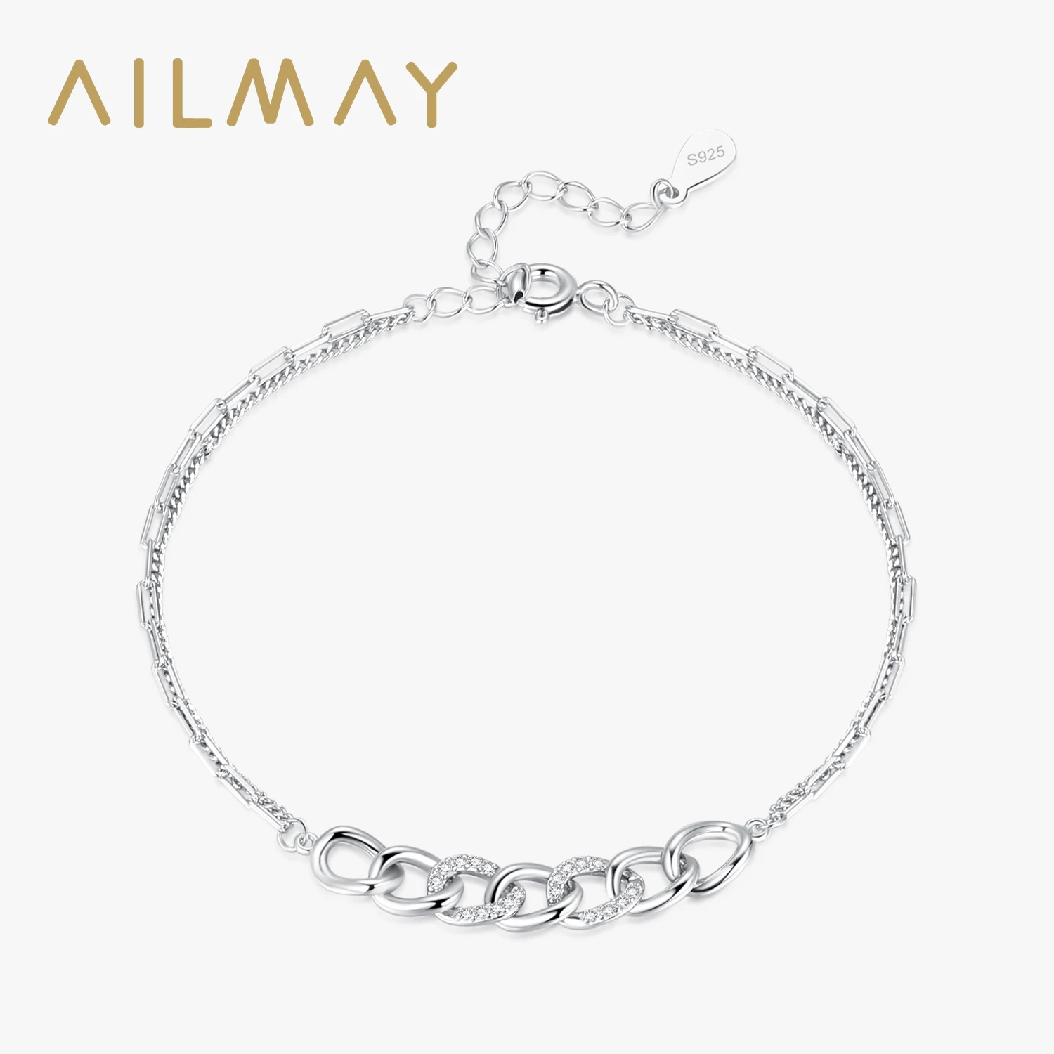 Ailmay Fashion Luxury Chain Shape Bilayer Bracelet 925 Sterling Silver Charm Shiny CZ Bracelet For Women Party Fine Jewelry