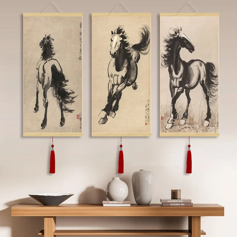 Modern Eight Horses Running in Desert Horse Pictures Canvas Painting Wall Art Chinese Style Posters for Bedroom Wall Decor