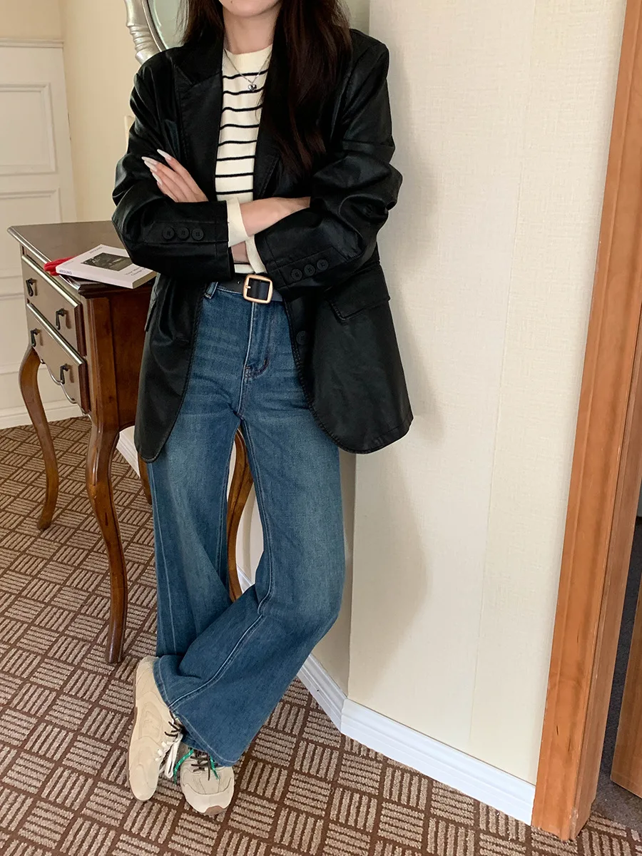 Women's Retro Loose Slim Fit Leather Jacket Autumn 2025 Casual Long Sleeve Coat Fashionable Outerwear