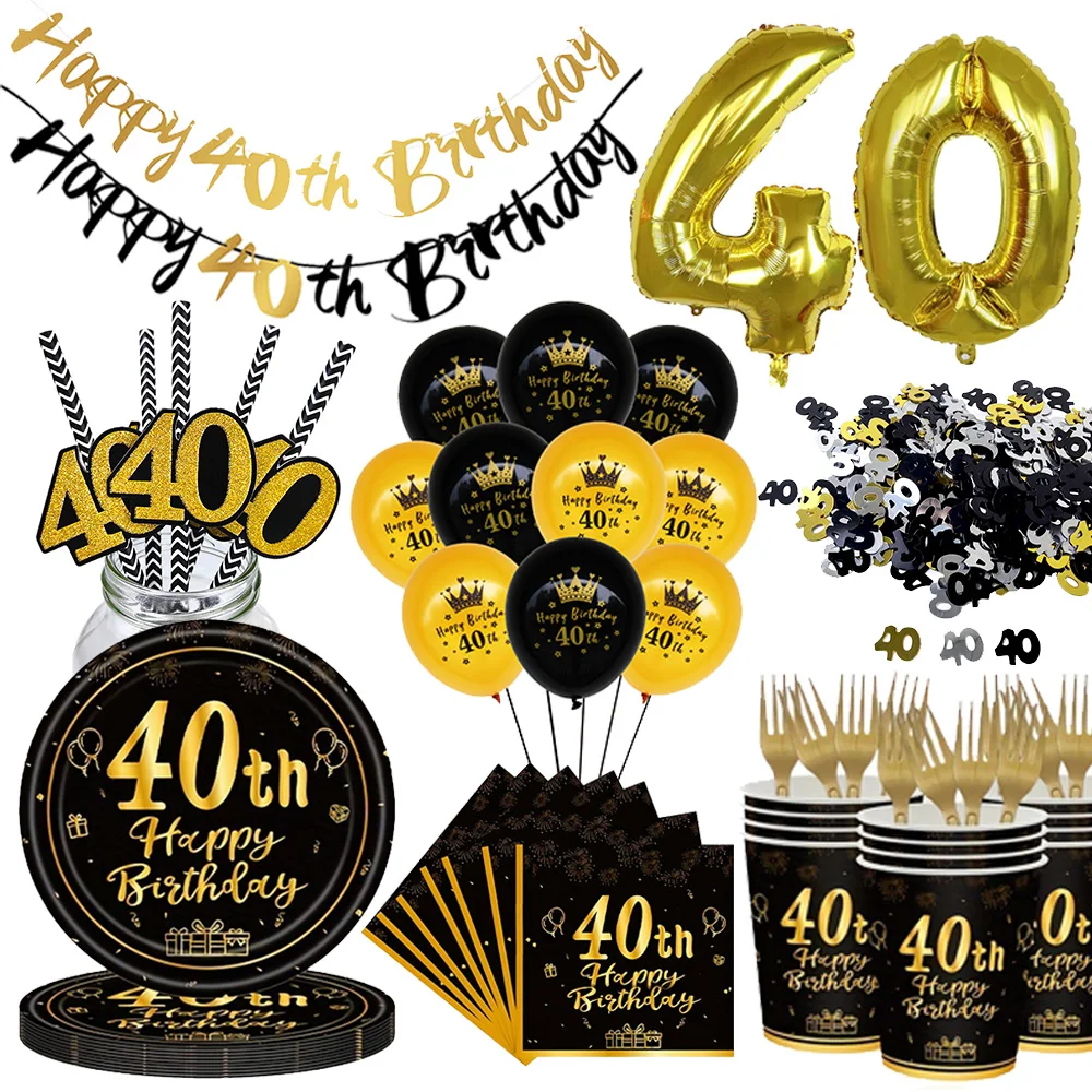 40th Birthday Party Decorations Supplies for Men Women Black Gold Party Disposable Tableware Paper Plate Napkin Cup Balloons