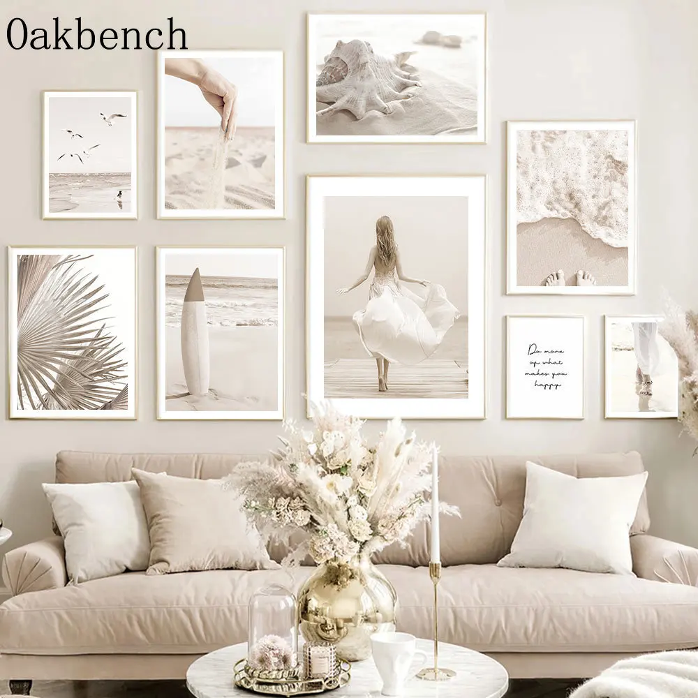 Affiche en toile beige pour la décoration de la maison, art mural, impression de main et de sable, peinture de plage de mer, affiches nordiques, gestion de planche de surf