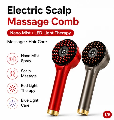 

4-in-1 Electric Scalp Massager Comb Nano Mist Spray Red Blue Light Vibration Hair Brush for Oil Serum Women Men Home Travel Care