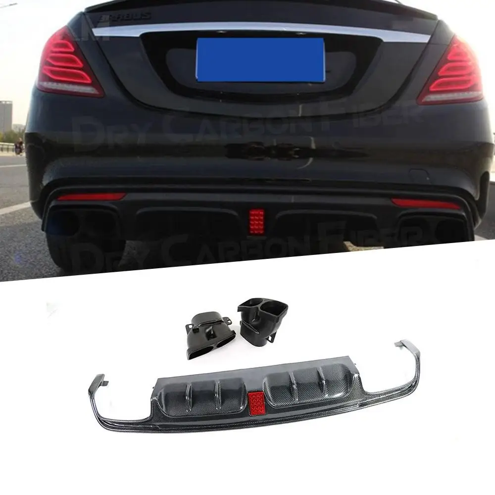 Carbon Fiber For Benz S Class W222 S63 S65 AMG 2013 - 2017 B Style Rear Bumper Lip Diffuser Spoiler with Exhaust Muffer Tips