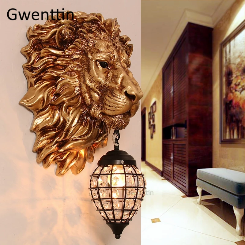 Vintage Lion Wall Lamp Crystal Wall Sconce Mirrror Lights for European Home Decor Living Room Bedroom Lamp LED Lighting Fixtures