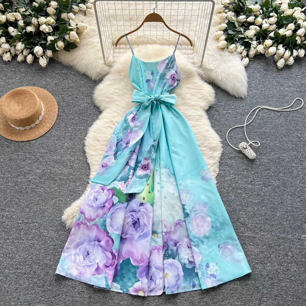 Clothlandผู้หญิงElegant Floralพิมพ์Camiชุดสปาเก็ตตี้สายรัดBackless Sashes Retro MidiชุดMujer QE127