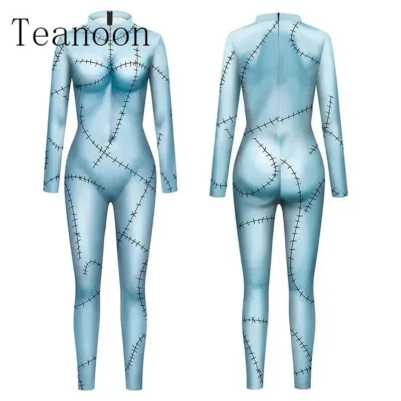 Sally Costume Woman Halloween Party Bodysuit Fancy Bodysuit Ladies Disguise Wear Carnival Jumpsuit Long Sleeve Sexy Zentai Suit