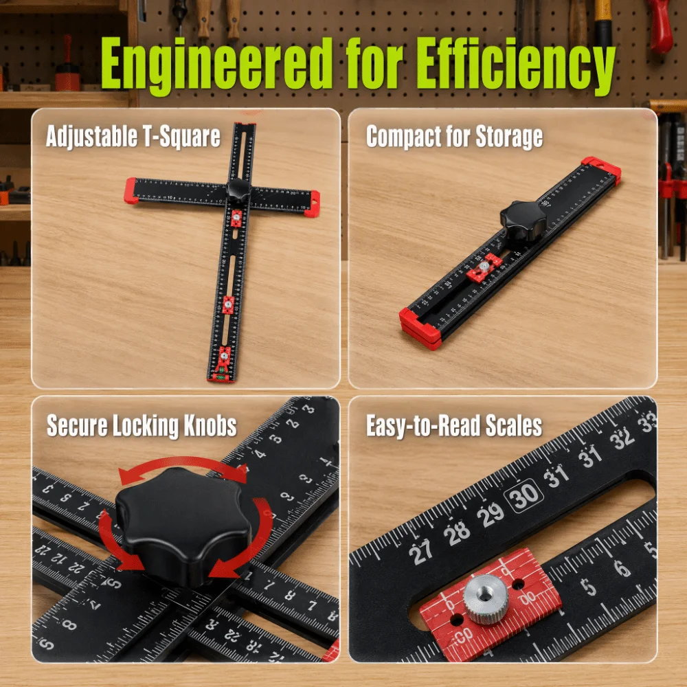 T-Square Ruler Drill Locator DIY Tools Adjustable Angle Cabinet Hardware Jig High‑precision 2in1 Woodworking Tools