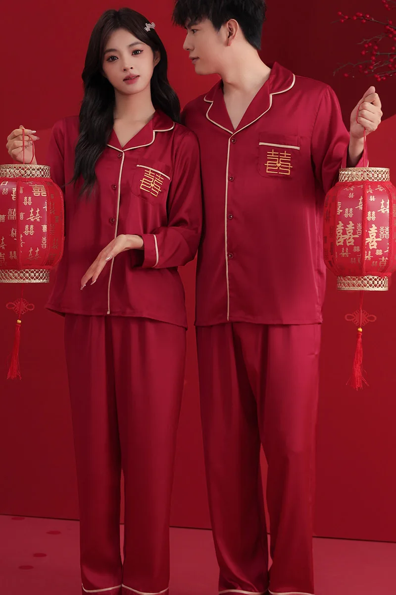 Chinese Wedding Couple Pajama Suit Sleepwear Silk Satin Pajamas Lover Set Pyjamas Suit Pijama Women Men Loungewear