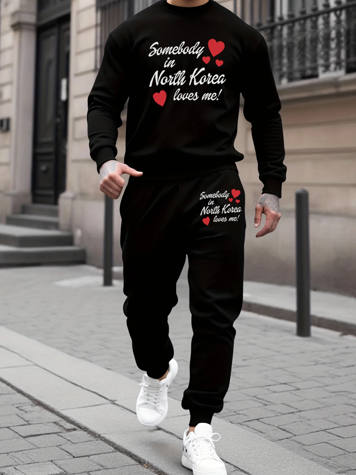 

Somebody In Nouth Korea Loves Me Pattern Men'S Winter Fleece Streetwear 2 Piece Set Warm Comfy Sweatshirt Sport Soft Sportpants