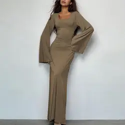 Women Dress Elegant U Neck Long Sleeve Maxi Dress with Lace Up Back Strap A-line Slim Fit for Women Solid Color Ankle Length