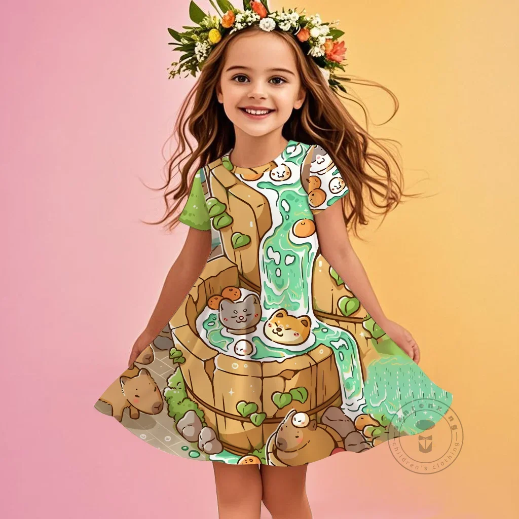 

Adorable Hot Capybara Anime Dress 3D Printed Short Sleeve Round Neck Fall Kawaii Dress Child 3-14 Yrs Fitted Street Style Cool