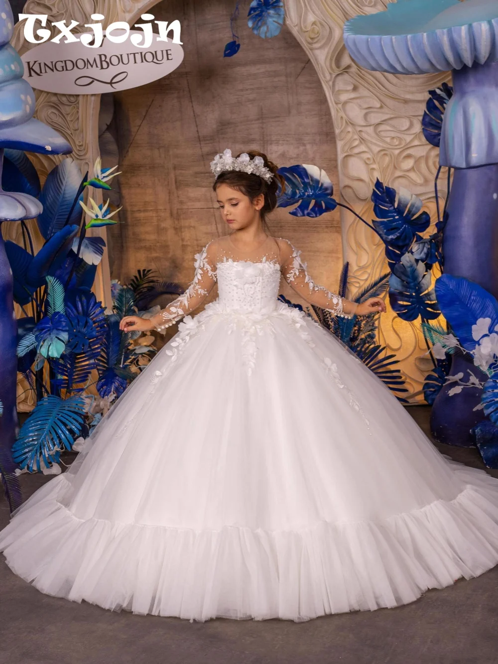 New Girls Luxurious Pearls Dresses Birthday Party Wear 2-14Y 3D Floral Elegant White Kids Princess Gown Wedding Guest Clothes