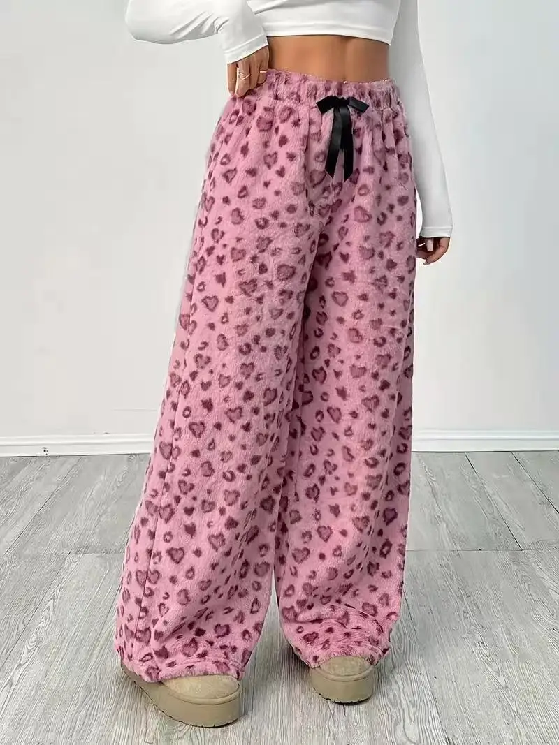 GG Women Casual Trousers Elastic Waistband Drawstring Tie Pajama Bottoms Leopard Print Wide Leg Lounge Pants
