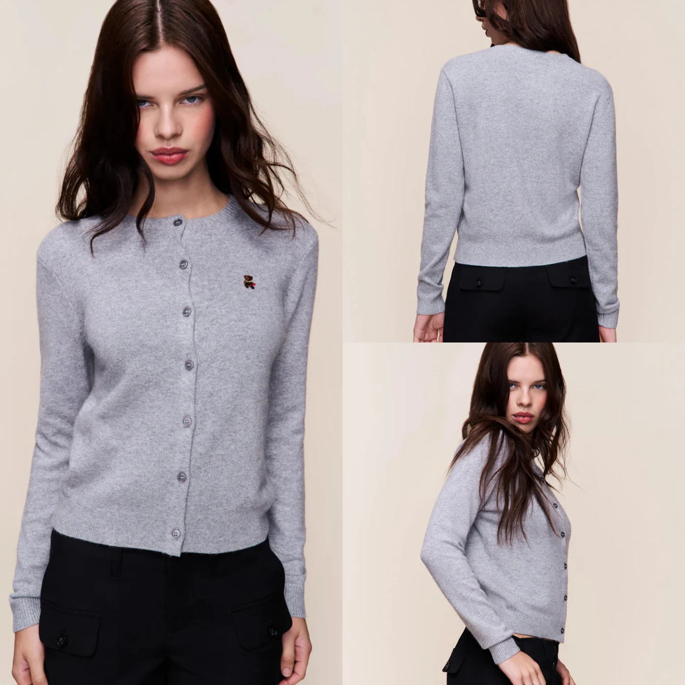 

Guizi Autumn and Winter Gray Casual Sweater Cardigan Cute Bear Embroidery Design Long Sweater Buttoned Warm Sweater Fashionable Long Sleeve Wool Blend Sweater