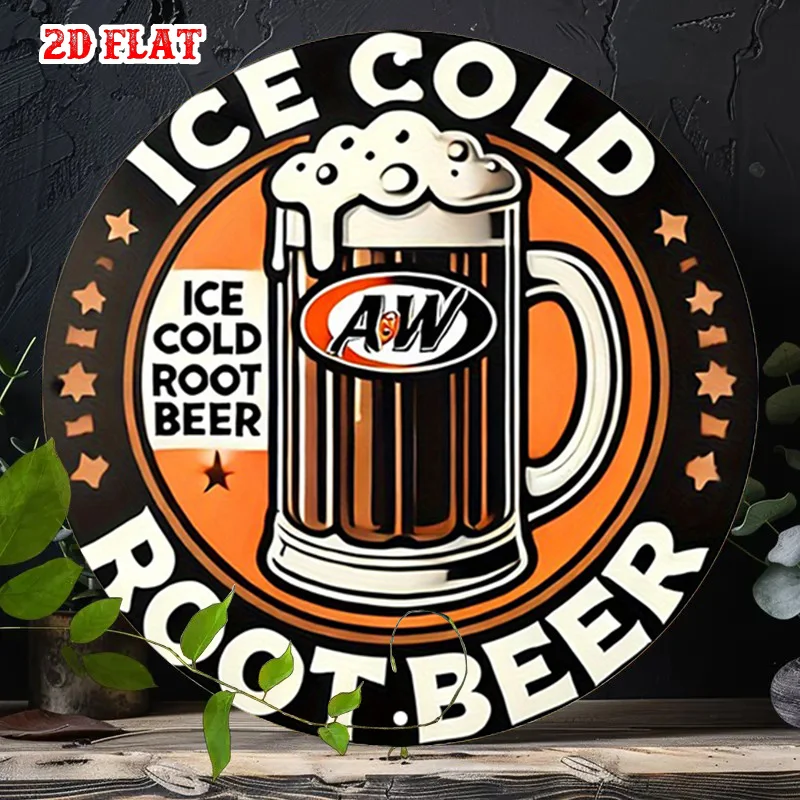 Letrero Metálico Vintage de Cerveza de Raíz 2D Plano, 1 Unidad - Diseño Retro Estilo Diner Inspirado en A&W con Logotipo y Cerveza de Raíz Fría como Hielo - Redondo de 7.8 Pulgadas