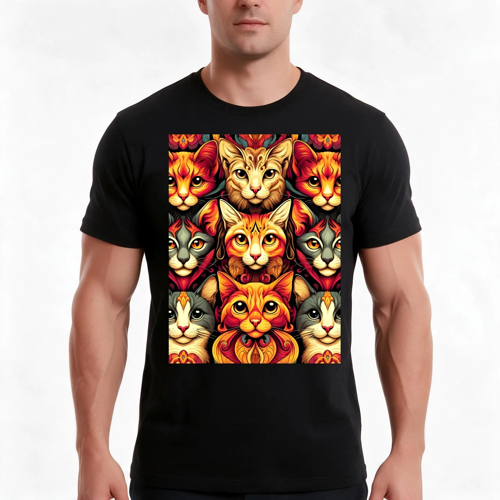 Artistic Cat Mandala Fabric - Vibrant Feline Faces Pattern for Crafting and Home Décor T-Shirt Summer Casual Cotton Tee