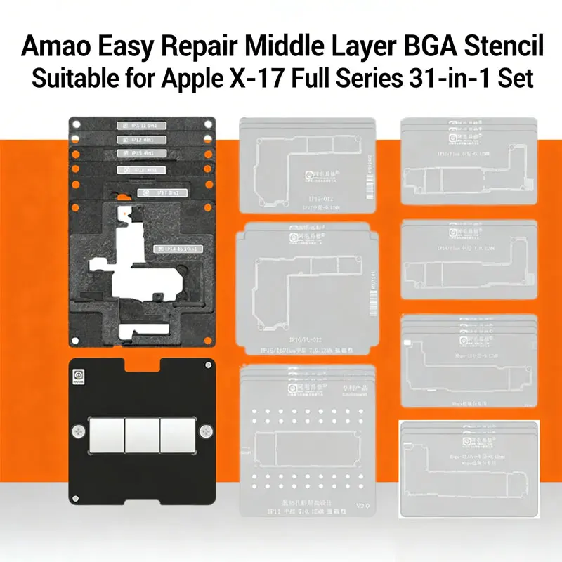 

AMAOE IPX-16 X-17 Planting Tin Stencil Platform Set for iPhone X-17 Series, 0.12mm Strong Magnetic BGA Reballing Template